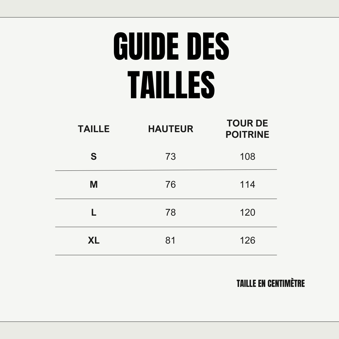 photo indiquant les mesures des tailles du t-shirt